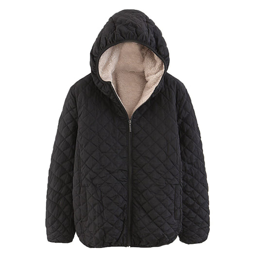 Women's Winter Cotton Parka – Hooded Lamb Wool Padded Jacket with Thick Plaid Lining for Cozy Cold Weather Style