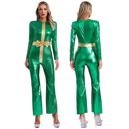 Metallic Santa Cosplay Jumpsuit – Women's Christmas Costume for Holiday Parties, Dance Performances and Festive Events