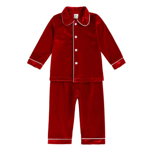 Kids Christmas Costume Pajamas – Classic Red Velvet Plaid Matching Sleepwear for Festive Family Celebrations