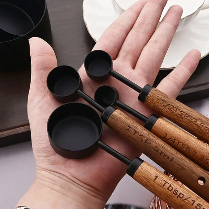 Measuring Cup and Spoon Set with Engraved Markings and Wooden Handles, 8-Piece