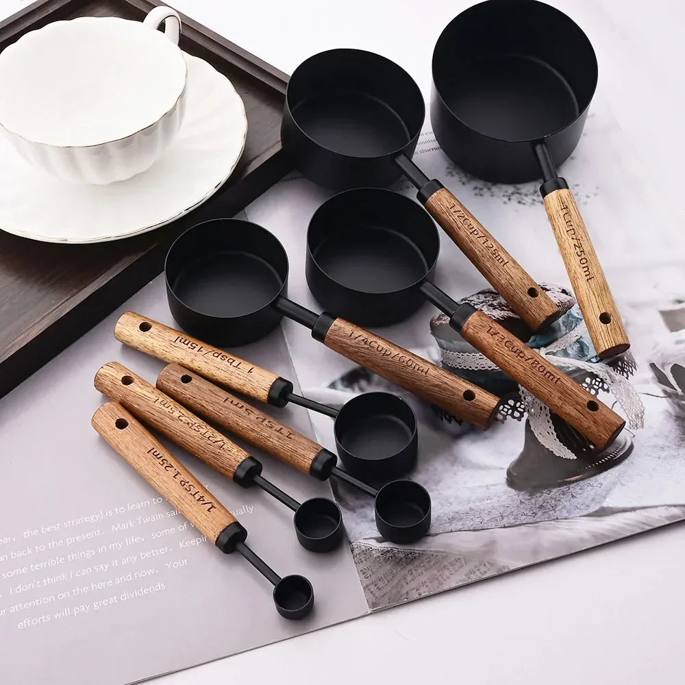 Measuring Cup and Spoon Set with Engraved Markings and Wooden Handles, 8-Piece