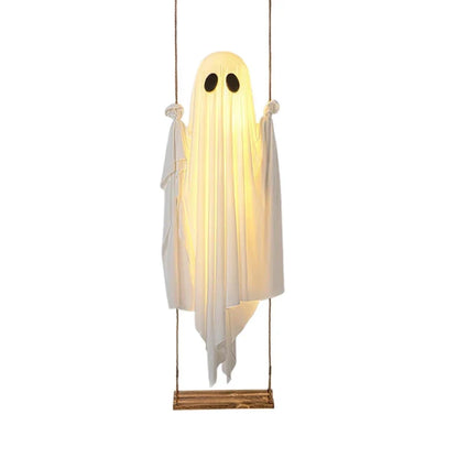 Outdoor Ghost Swing with String Lights and Wooden Seat for Halloween Porch Display