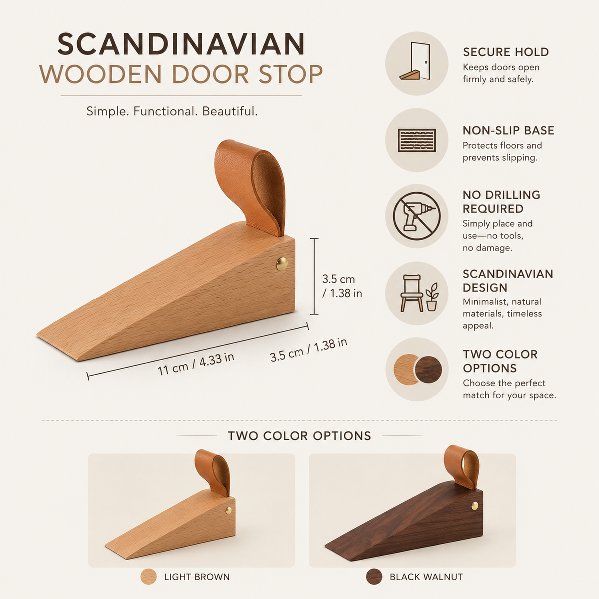 Scandinavian Design Wooden Door Stop Home Accent Decor