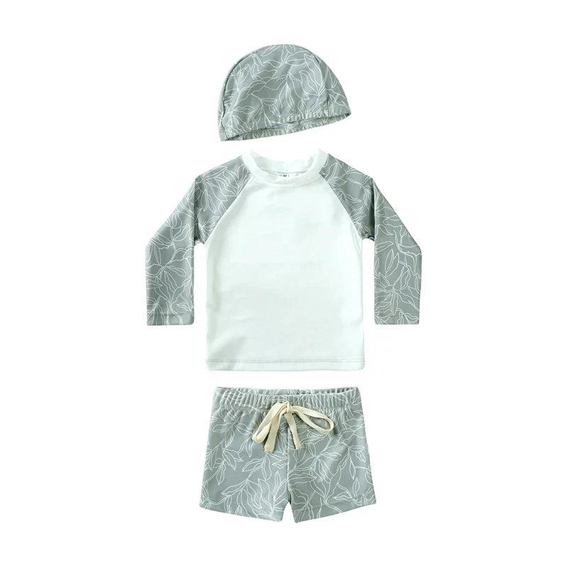 Breathable Kids Rash Guard Swim Set – Long-Sleeve Top, Swim Pants, Hat, Polyester Elastane, Beach Vacation