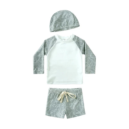 Breathable Kids Rash Guard Swim Set – Long-Sleeve Top, Swim Pants, Hat, Polyester Elastane, Beach Vacation