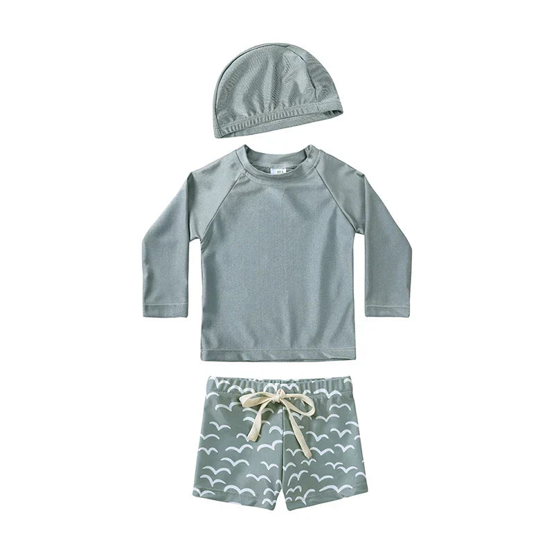 Breathable Kids Rash Guard Swim Set – Long-Sleeve Top, Swim Pants, Hat, Polyester Elastane, Beach Vacation