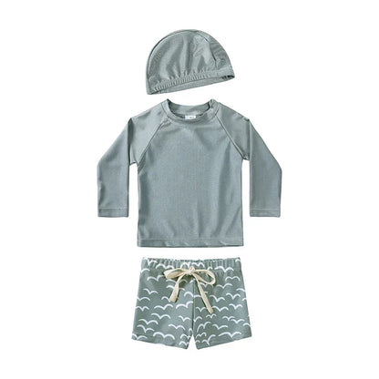 Breathable Kids Rash Guard Swim Set – Long-Sleeve Top, Swim Pants, Hat, Polyester Elastane, Beach Vacation