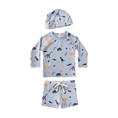 Breathable Kids Rash Guard Swim Set – Long-Sleeve Top, Swim Pants, Hat, Polyester Elastane, Beach Vacation