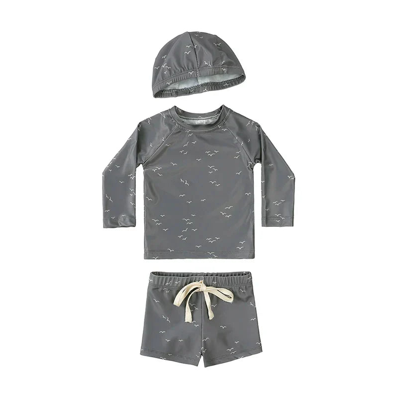 Breathable Kids Rash Guard Swim Set – Long-Sleeve Top, Swim Pants, Hat, Polyester Elastane, Beach Vacation