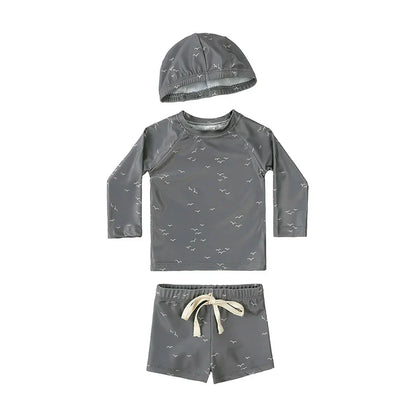 Breathable Kids Rash Guard Swim Set – Long-Sleeve Top, Swim Pants, Hat, Polyester Elastane, Beach Vacation