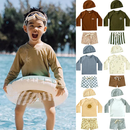 Breathable Kids Rash Guard Swim Set – Long-Sleeve Top, Swim Pants, Hat, Polyester Elastane, Beach Vacation