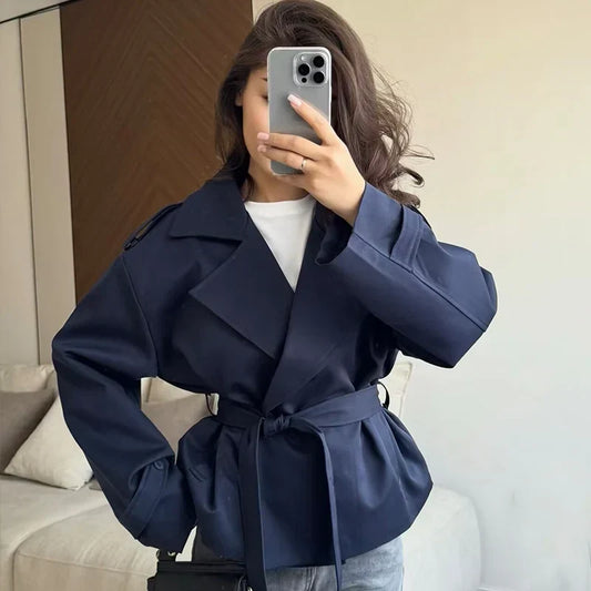 Short Trench Coat with Self Tie Belt and Turn Down Collar