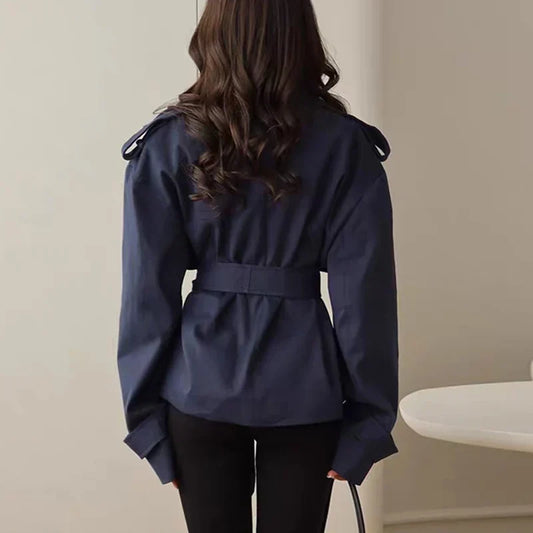 Short Trench Coat with Self Tie Belt and Turn Down Collar