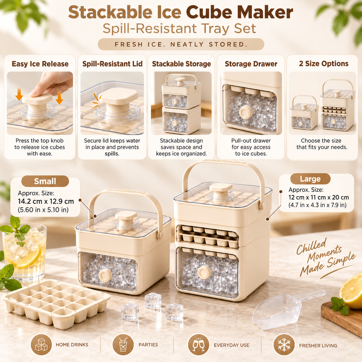Stackable Ice Cube Maker Spill Resistant Tray Set