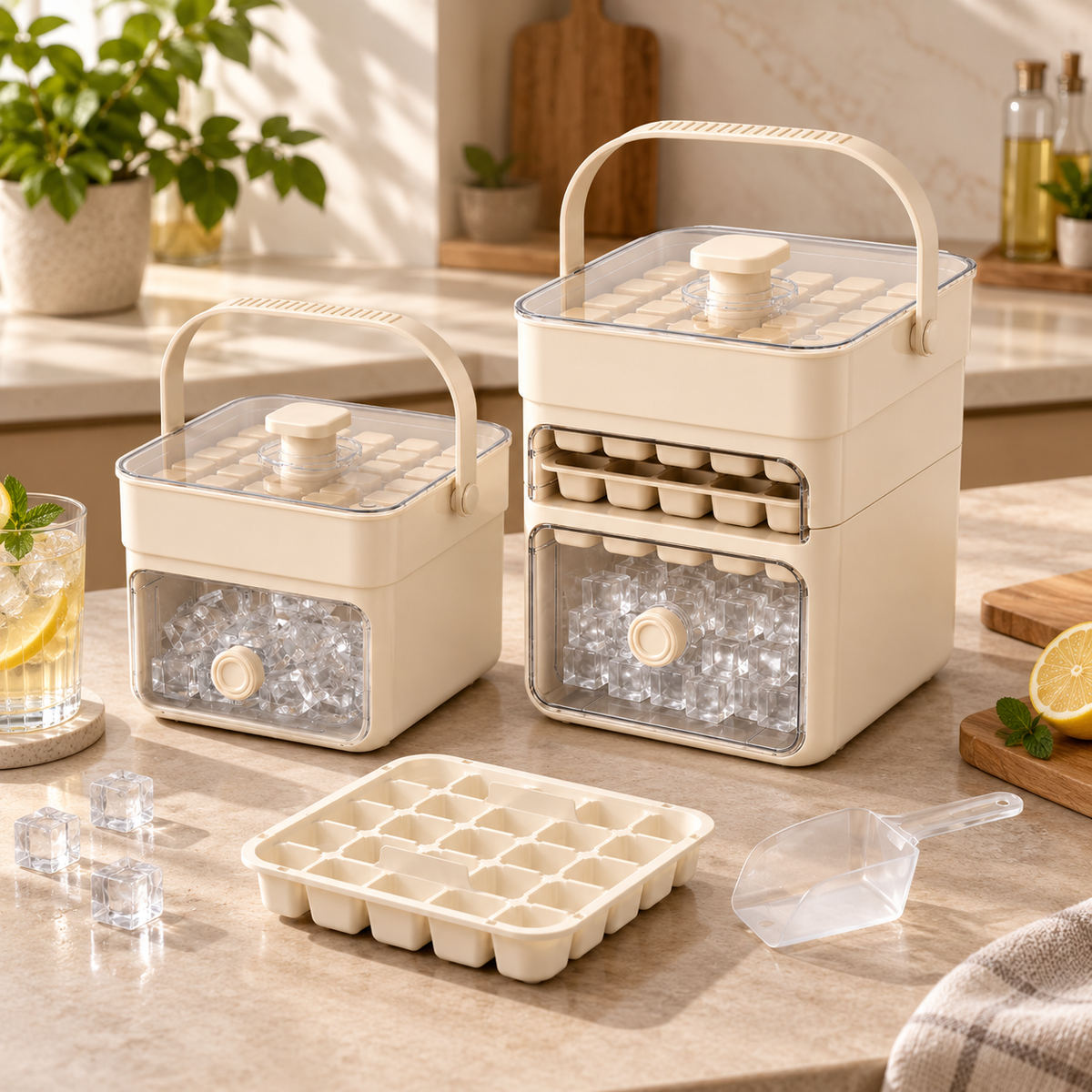 Stackable Ice Cube Maker Spill Resistant Tray Set