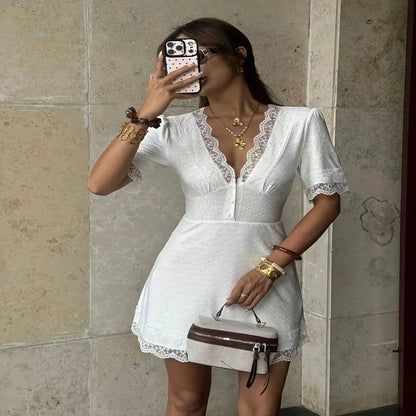 White Mini Dress with Flutter Sleeves and V Neckline, Textured A-Line Fit