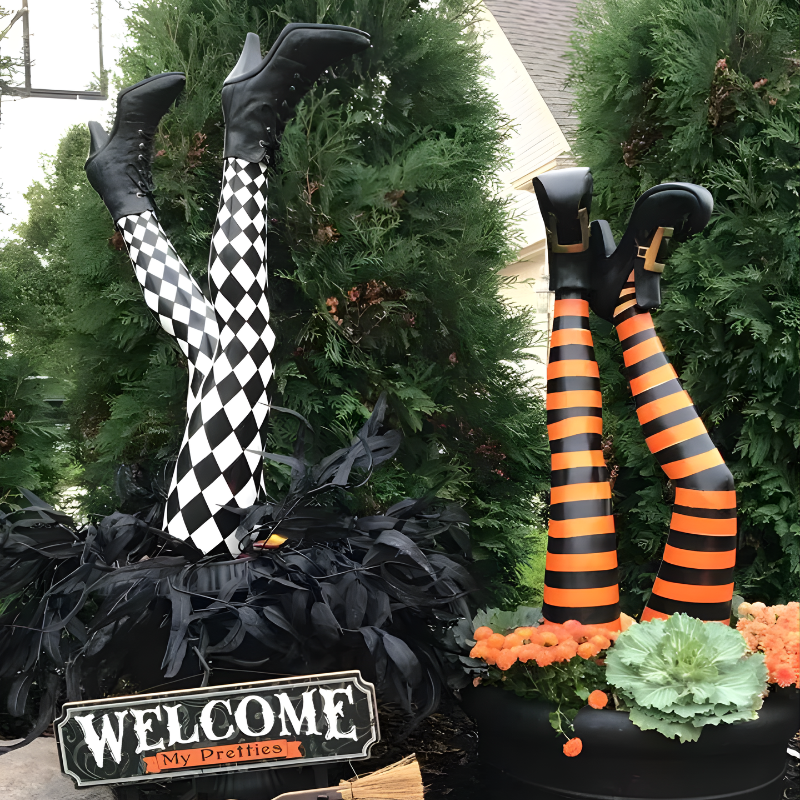 Witch Leg Garden Stakes with Striped Boots and Integrated Base, Set of 2