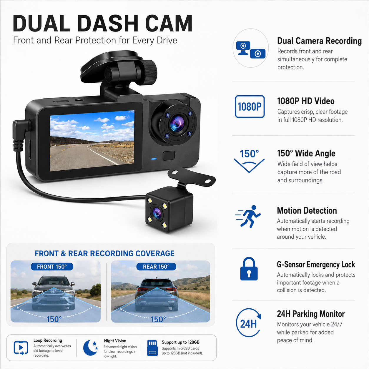 Wide Angle Dash Cam Dual Camera Motion Detection Features