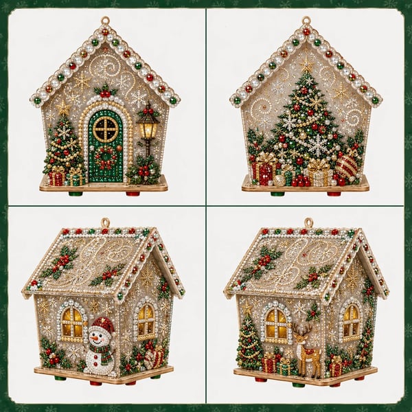 Christmas Pearl Cottage Art Kit | Pre-Cut Wooden Panels, Sparkling Rhinestones, Pearl Beads & Complete Tools for a 3D Holiday House