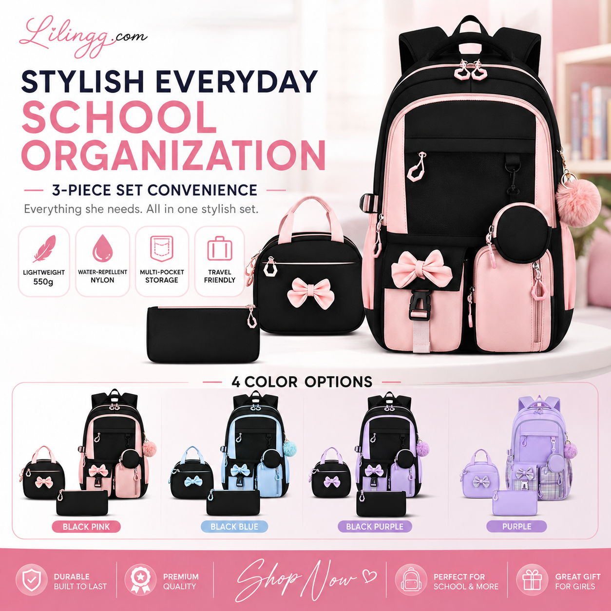 Cute Bowknot Lightweight School Backpack – Water Repellent & Anti-Theft!
