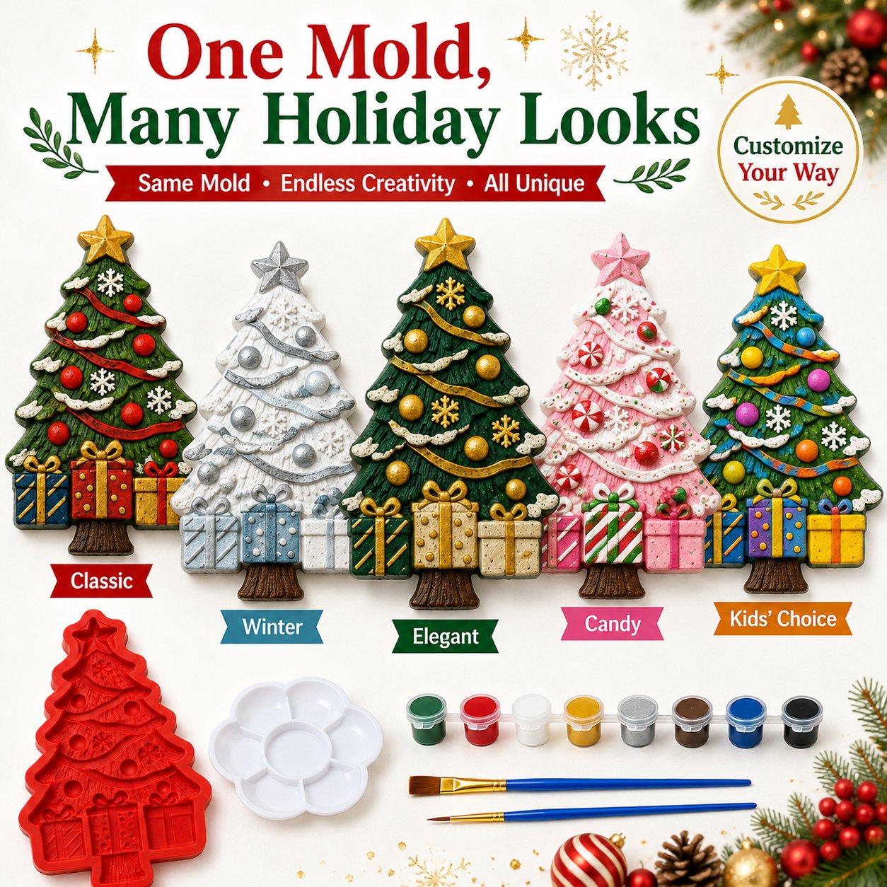 DIY Christmas Tree Mold & Paint Craft Kit | Reusable 3D Mold with 8 Acrylic Paints, 2 Brushes & Festive Detail Guide
