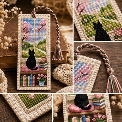 Seasonal Cat Cross Stitch Bookmark – Cozy Reading Companion