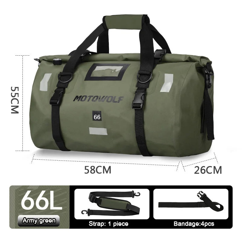 Roll Top Tail Bag with Reflective Strips and Convertible Carry Straps, 40L and 66L