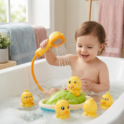 Motorized Bath Toy Set with Water Spraying Ducks and Floating Boat for Infants