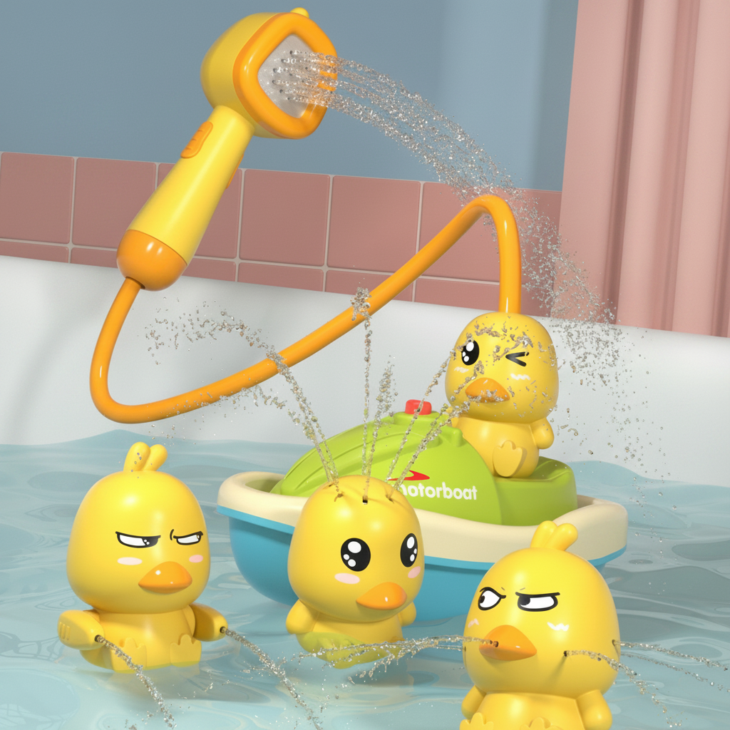 Motorized Bath Toy Set with Water Spraying Ducks and Floating Boat for Infants