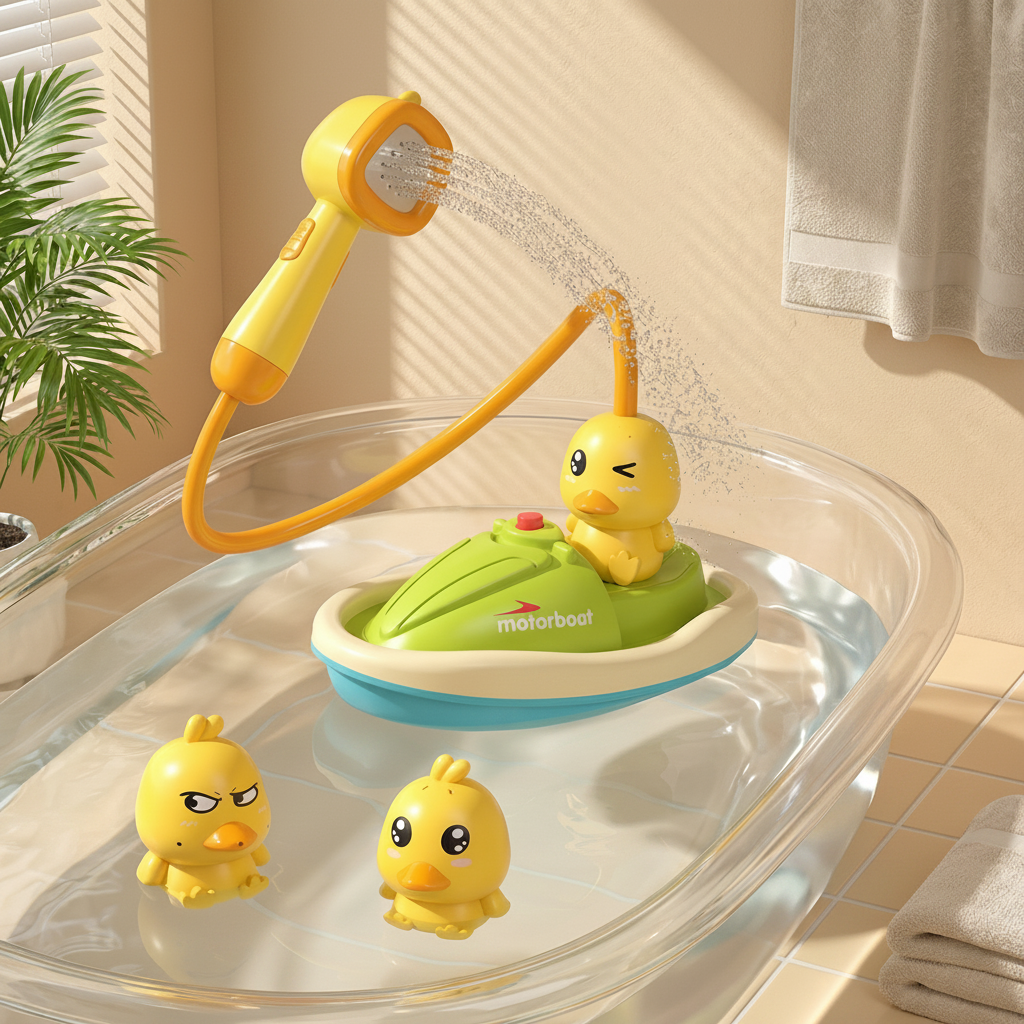 Motorized Bath Toy Set with Water Spraying Ducks and Floating Boat for Infants