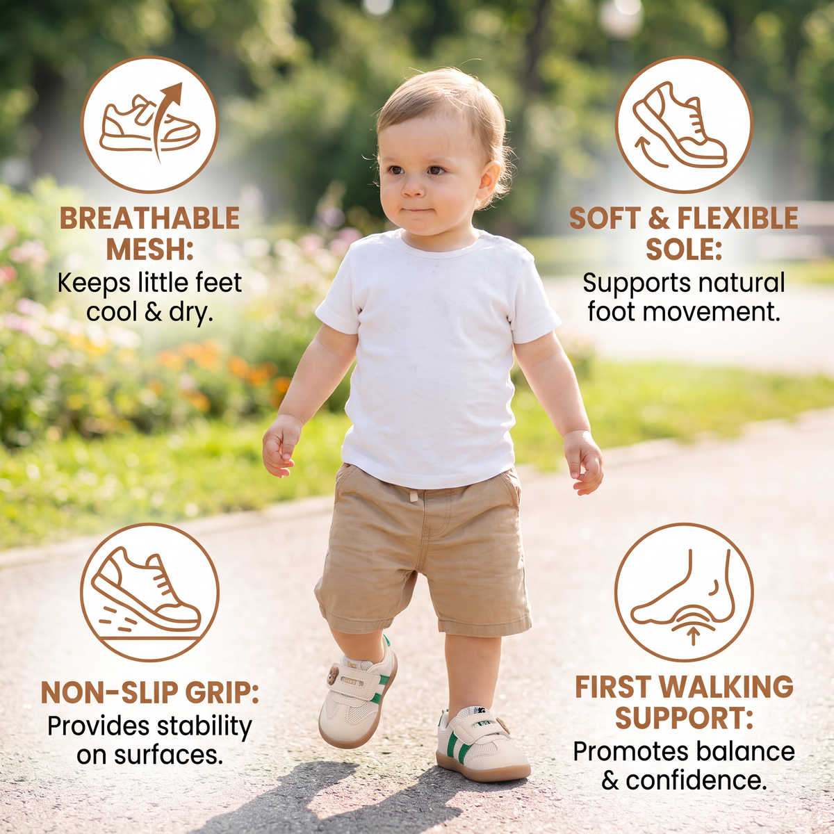 First Walker Shoes with Flexible Sole and Non-Slip Bottom, Breathable Upper
