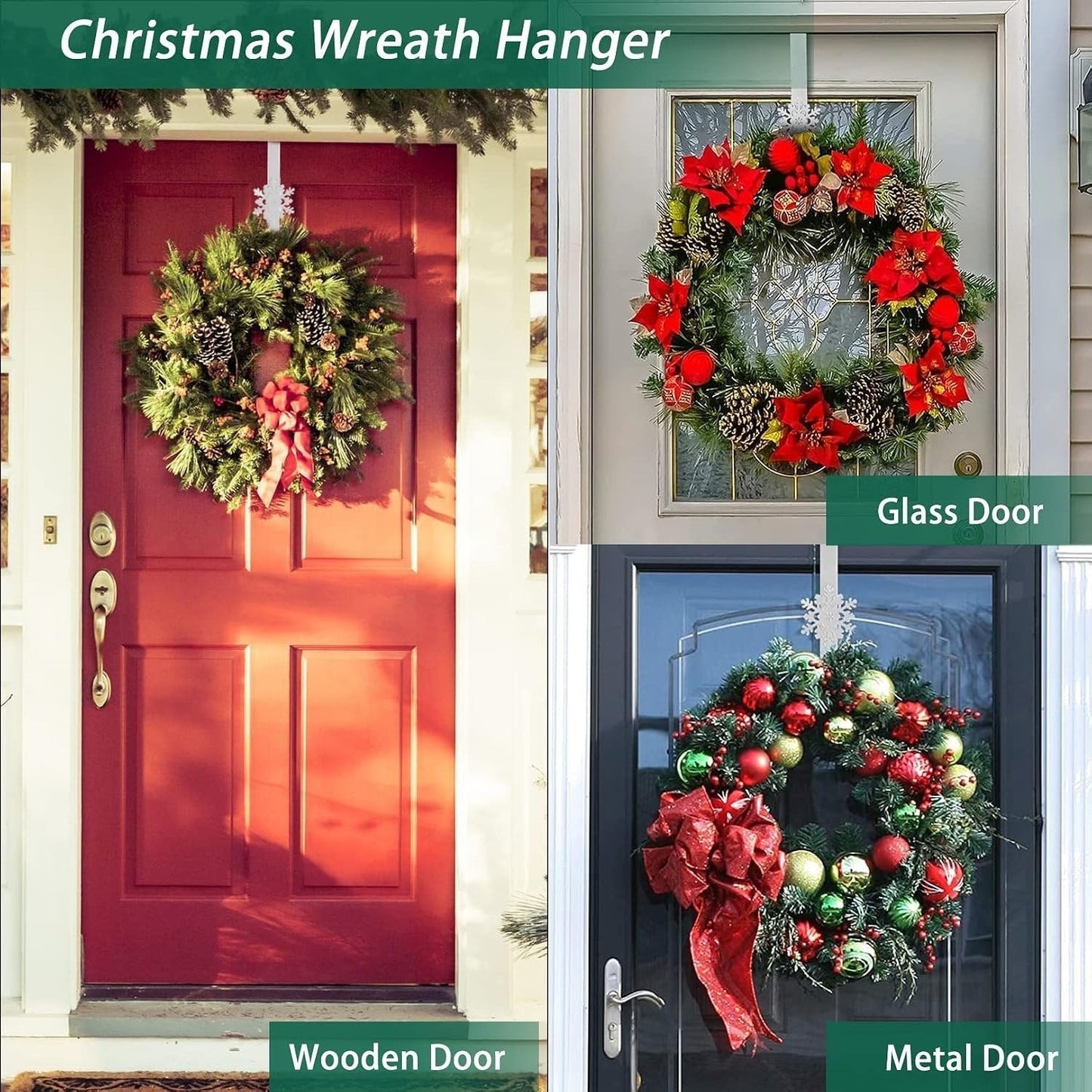 Metal Over The Door Wreath Hanger | Christmas Snowflake Tree Star Decor Hook