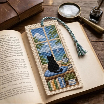 Seasonal Cat Cross Stitch Bookmark – Cozy Reading Companion