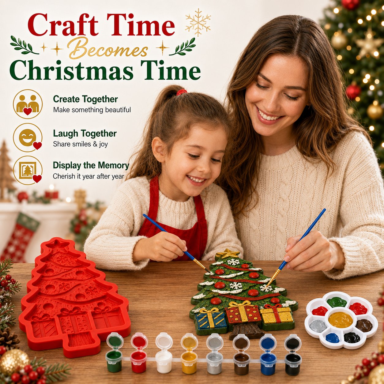 DIY Christmas Tree Mold & Paint Craft Kit | Reusable 3D Mold with 8 Acrylic Paints, 2 Brushes & Festive Detail Guide