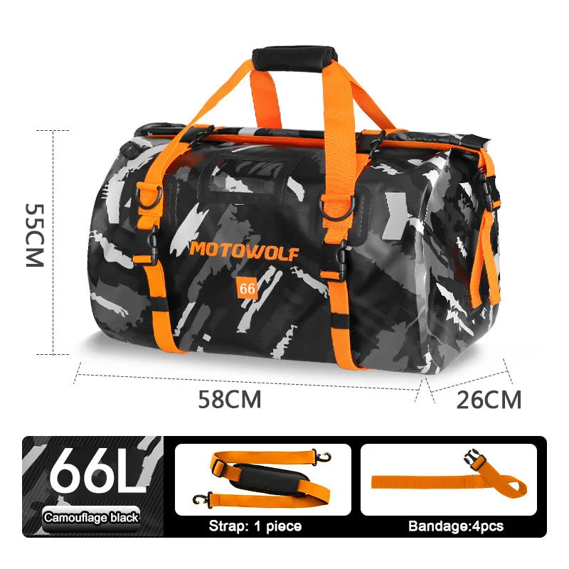 Roll Top Tail Bag with Reflective Strips and Convertible Carry Straps, 40L and 66L