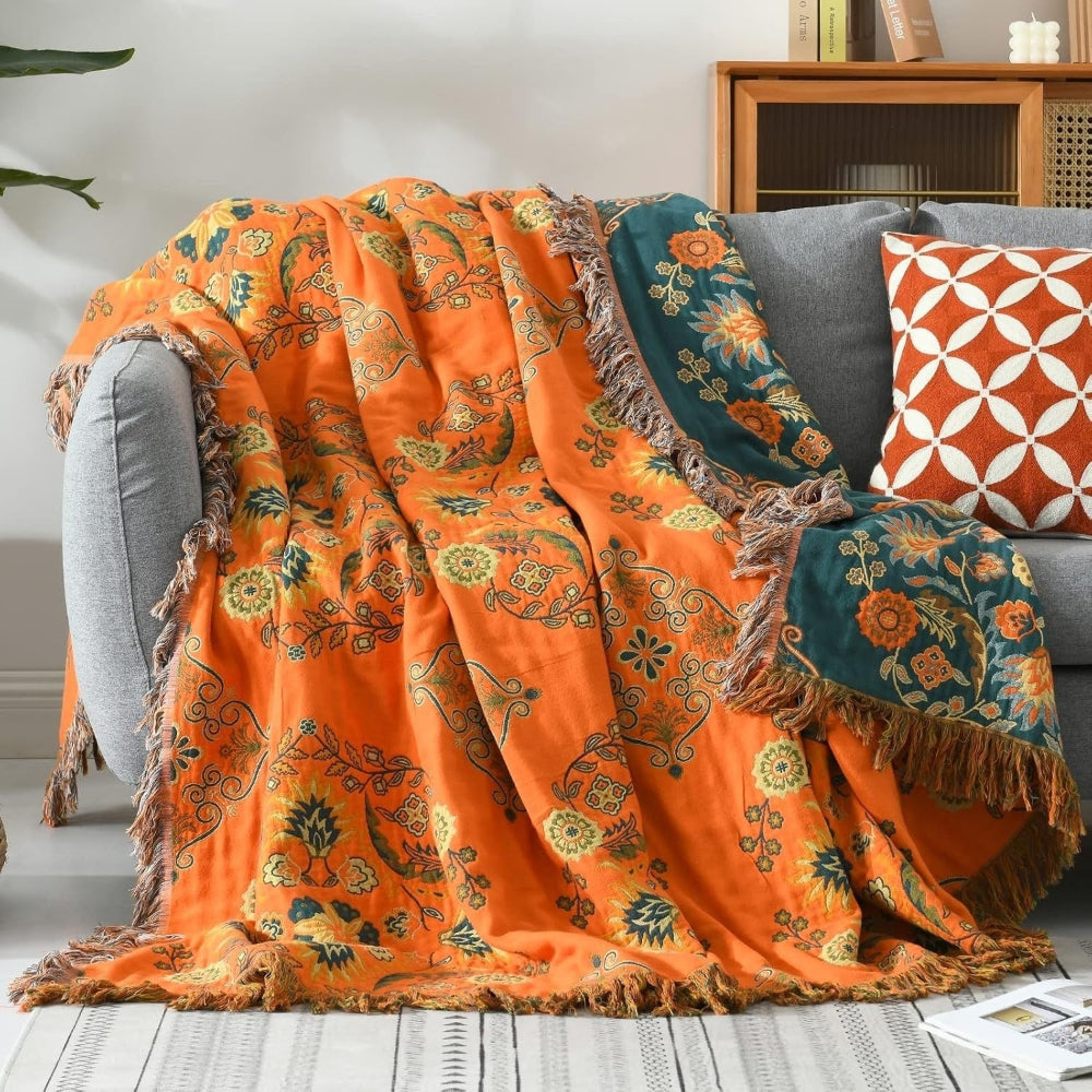 Cotton Throw Blanket Reversible Decorative Fringe Design