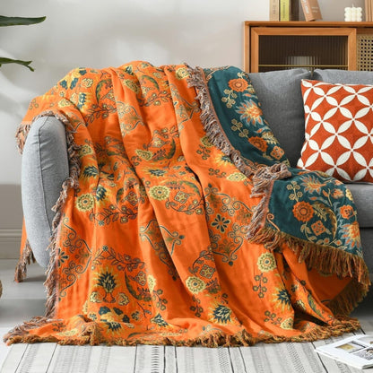 Cotton Throw Blanket Reversible Decorative Fringe Design