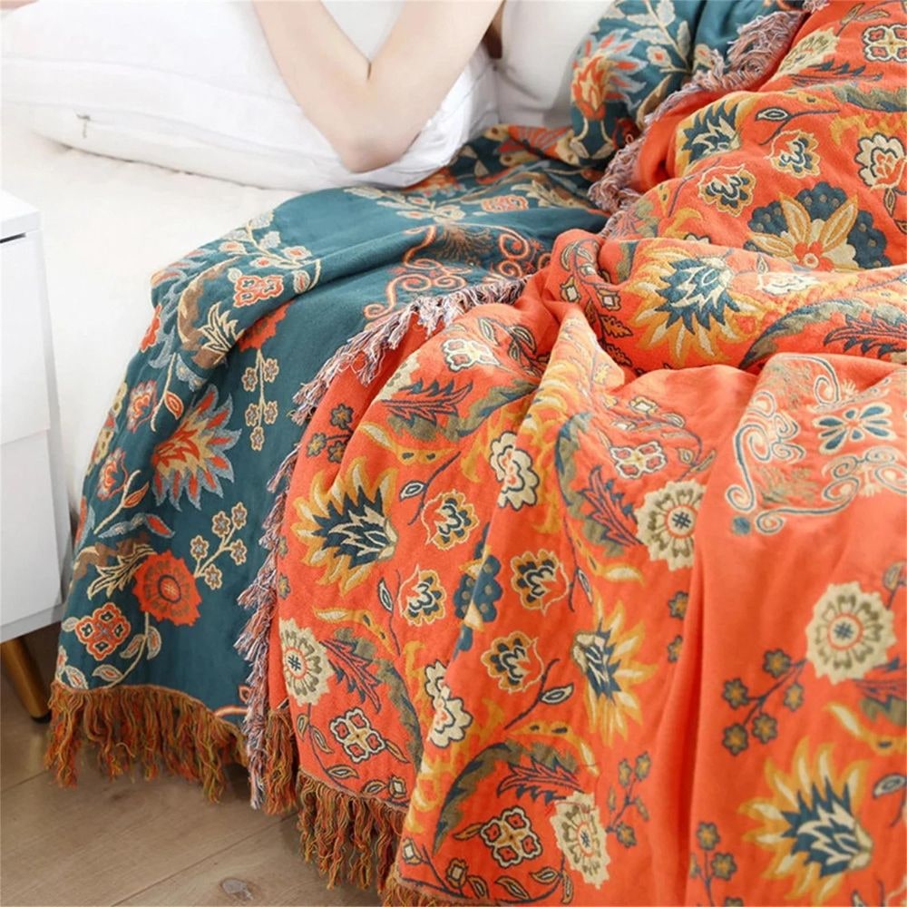 Cotton Throw Blanket Reversible Decorative Fringe Design