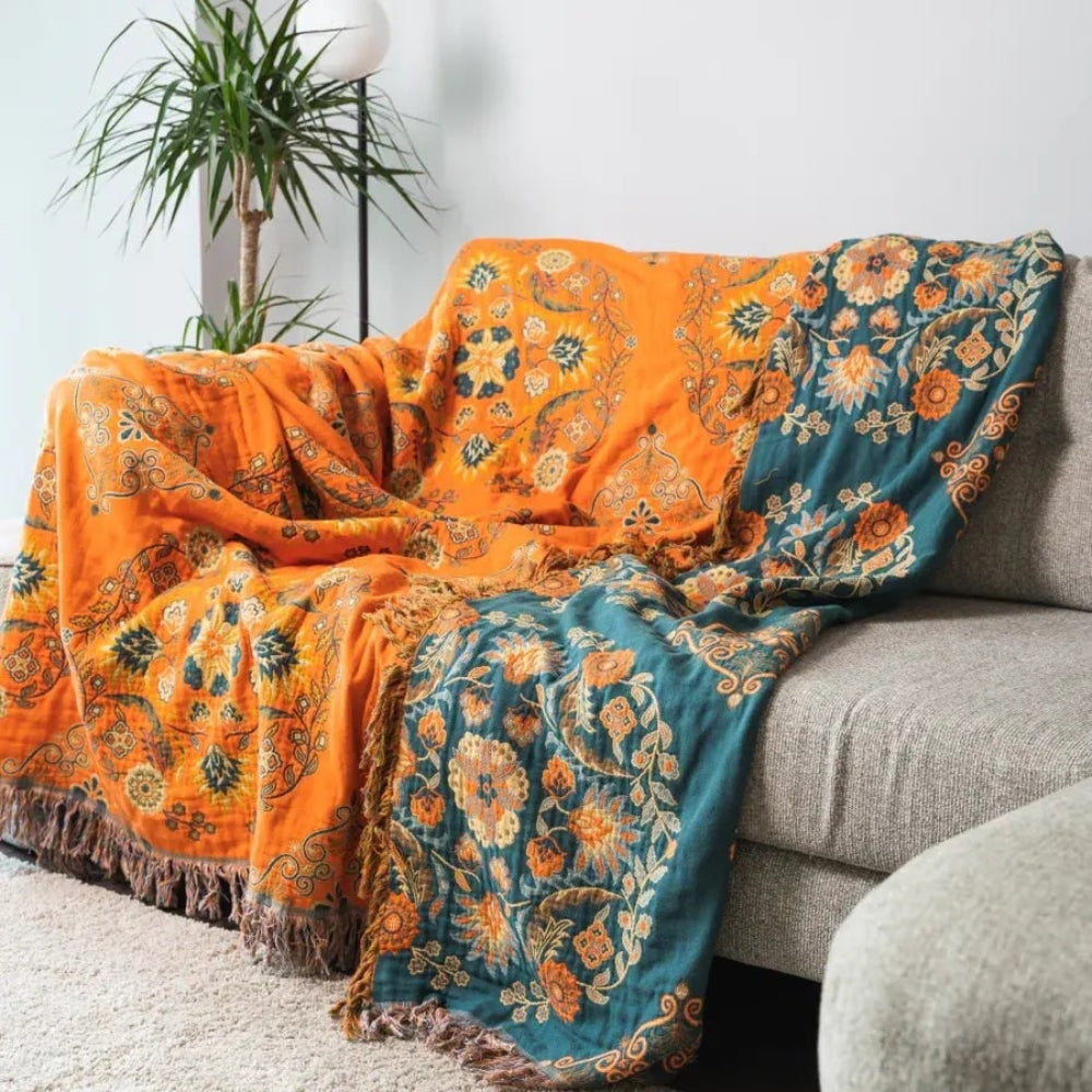 Cotton Throw Blanket Reversible Decorative Fringe Design