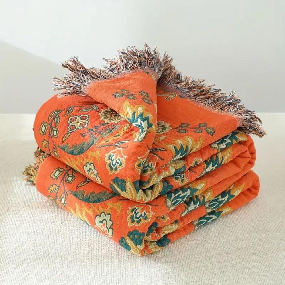 Cotton Throw Blanket Reversible Decorative Fringe Design