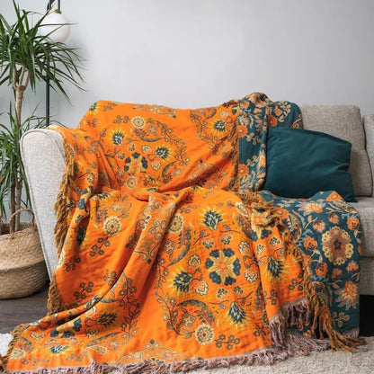 Cotton Throw Blanket Reversible Decorative Fringe Design