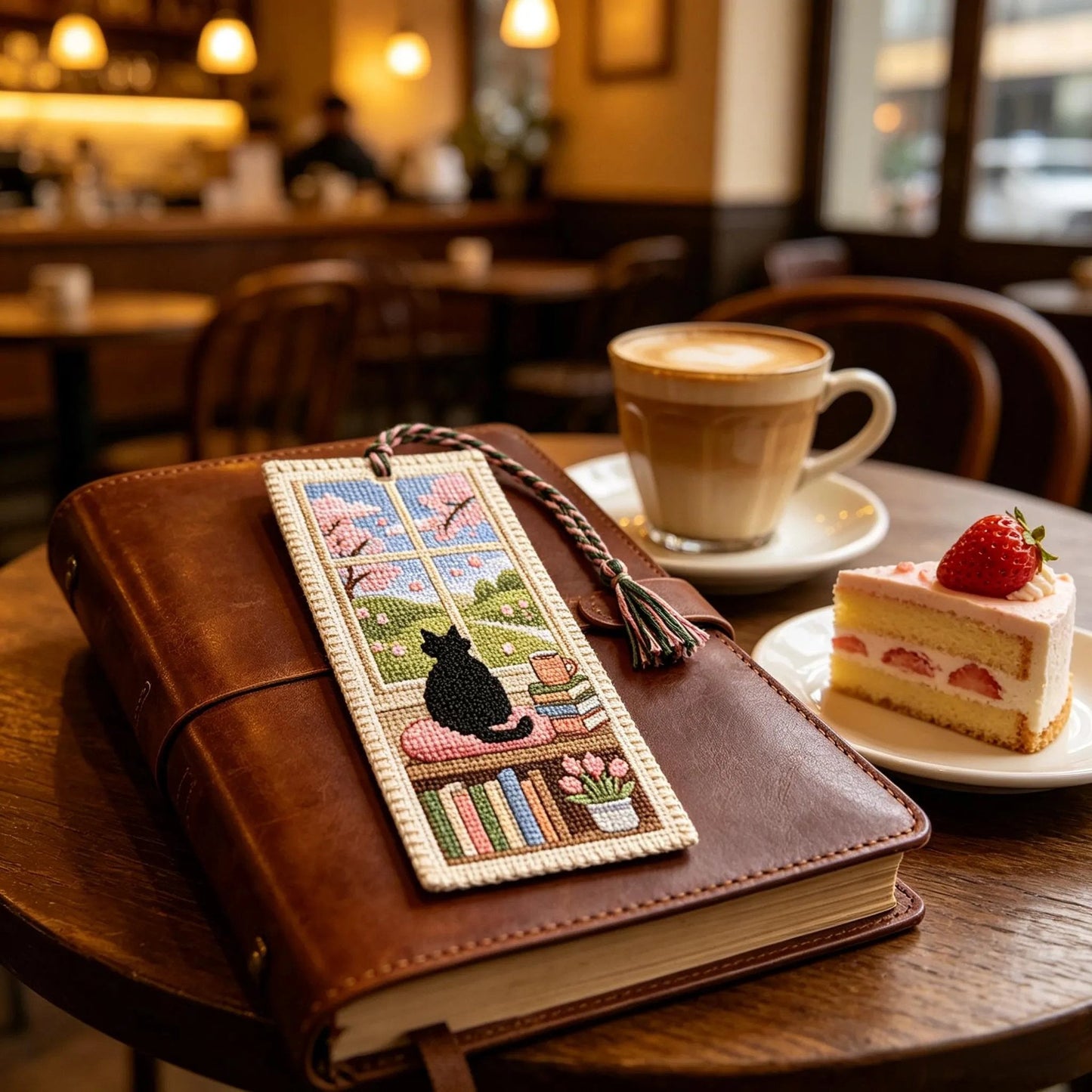 Seasonal Cat Cross Stitch Bookmark – Cozy Reading Companion