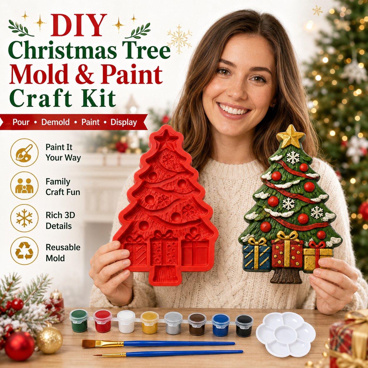 DIY Christmas Tree Mold & Paint Craft Kit | Reusable 3D Mold with 8 Acrylic Paints, 2 Brushes & Festive Detail Guide