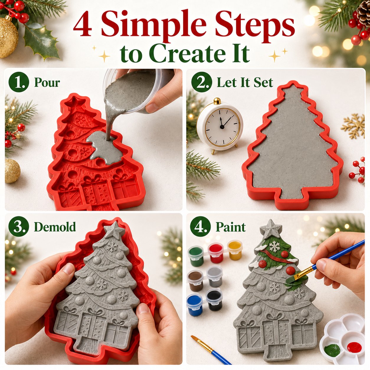DIY Christmas Tree Mold & Paint Craft Kit | Reusable 3D Mold with 8 Acrylic Paints, 2 Brushes & Festive Detail Guide