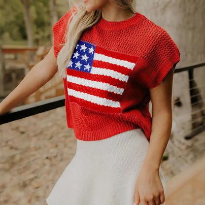 Women's American Flag Graphic Relaxed Fit Short Sleeve Knit Sweater Top