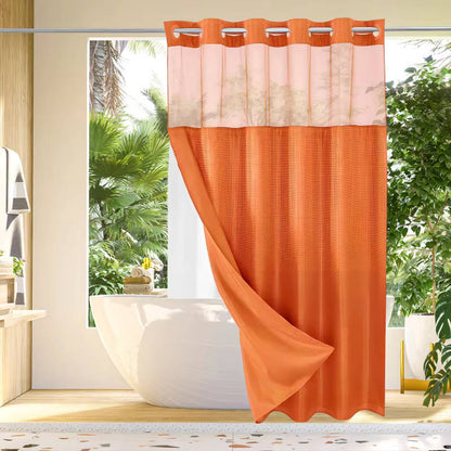 No Hook Waffle Pattern Shower Curtain with Mesh Window
