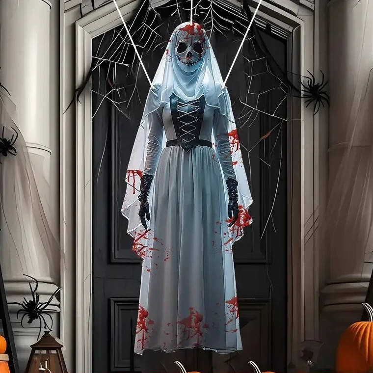 Skull Bride Halloween Hanging Decoration with Weather Resistant Fabric and Included Hooks