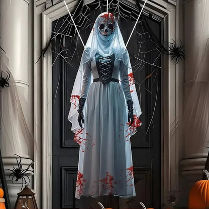 Skull Bride Halloween Hanging Decoration with Weather Resistant Fabric and Included Hooks