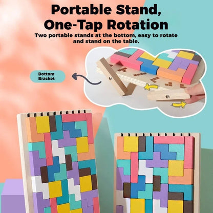 Wooden Puzzle Blocks with 42 Pieces and 10 Cards, Foldout Stand
