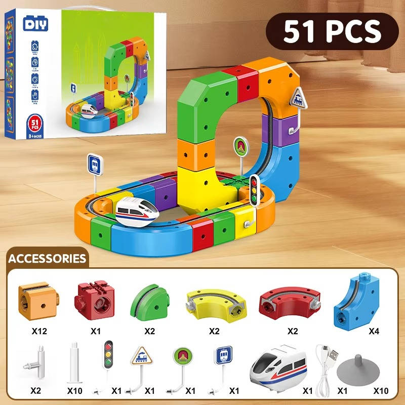 Magnetic Train Set with Flexible Track Sections and Rechargeable Motor
